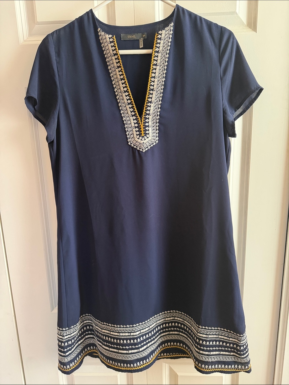 THML Navy V-Neck Tunic with White & Gold Embroidery